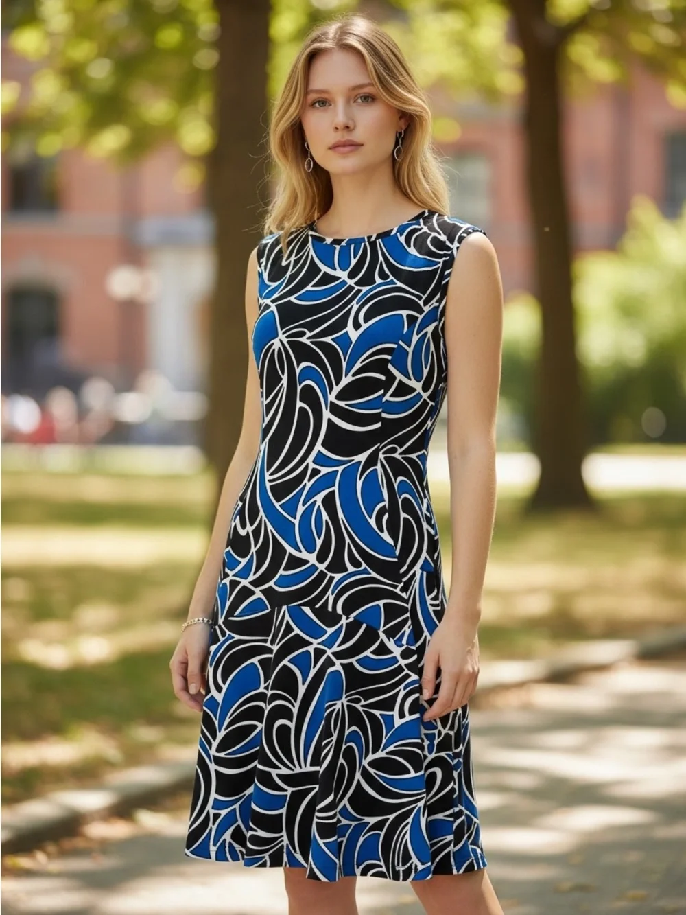 Michael Kors Dress Sleeveless Black Amalfi Blue Abstract Print Stretchy